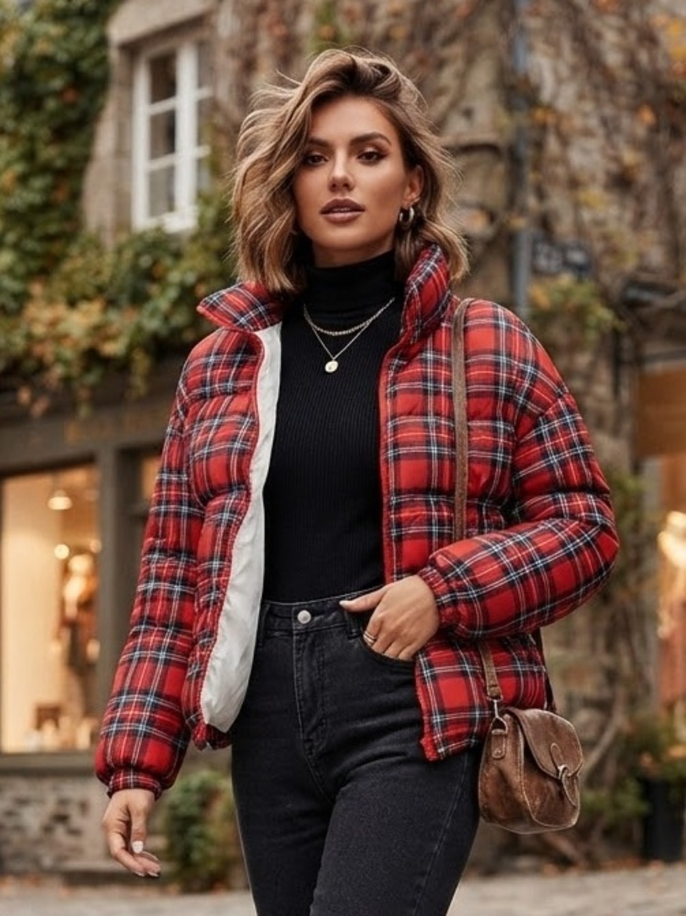Red Plaid Puffer Jacket for Women, Quilted Zip-Up Coat